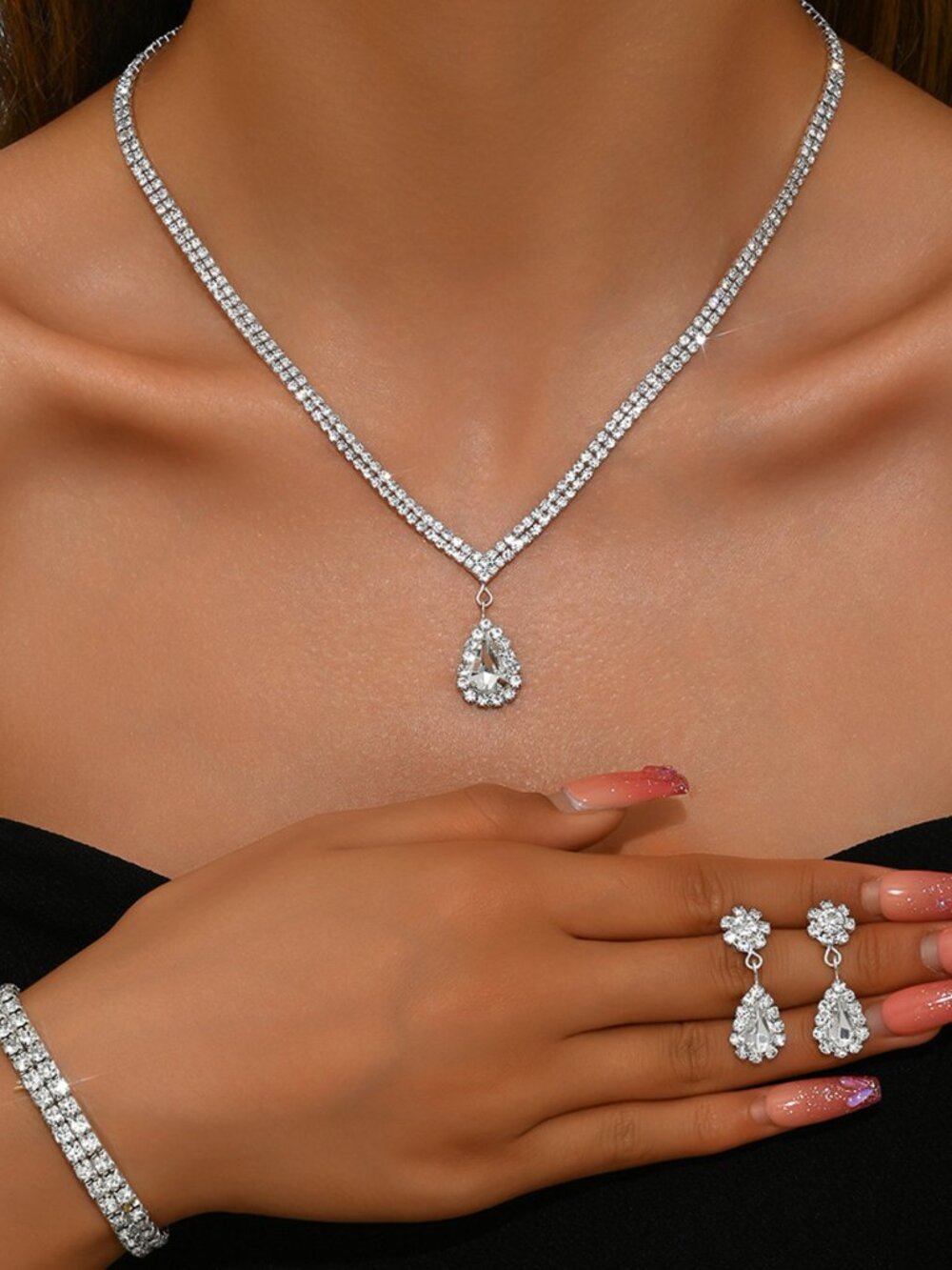 3/$35 Sparkling 3-Piece Rhinestone Jewelry Set Necklace Bracelet & Earrings NEW